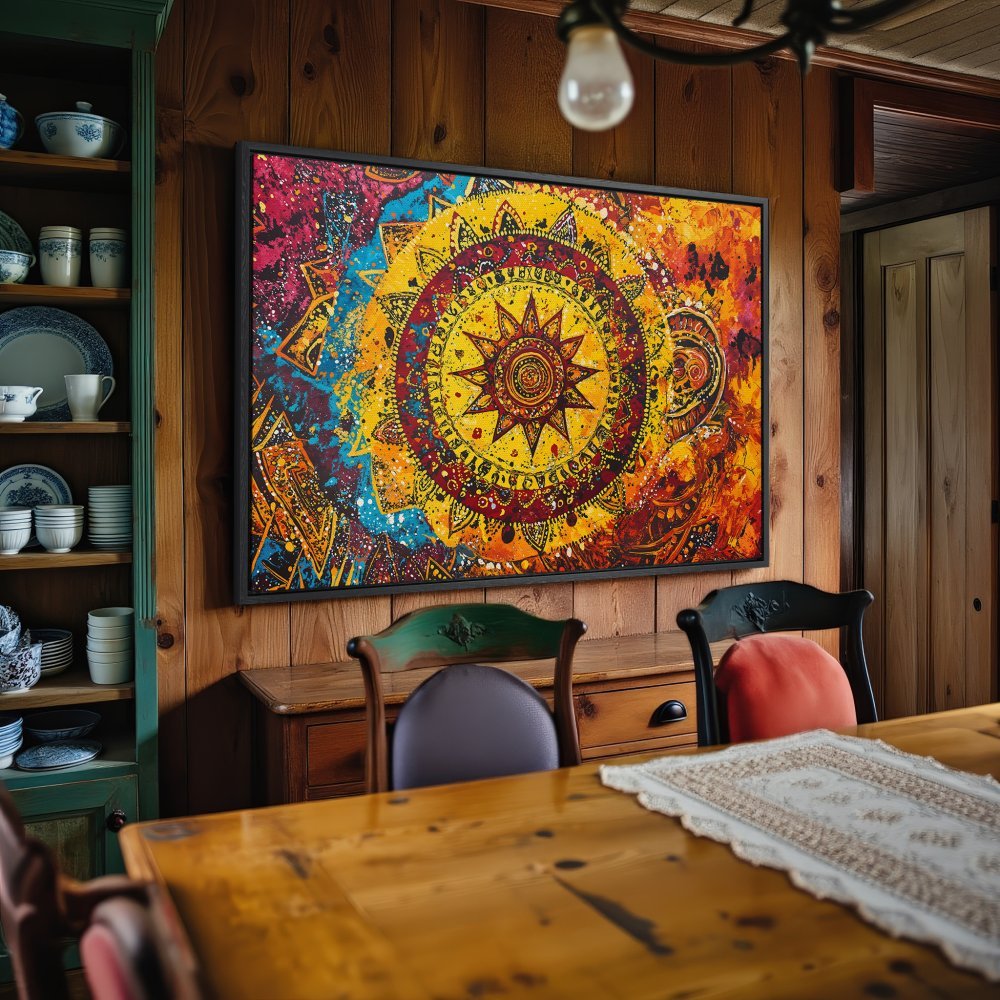 Framed Wall Art: Vibrant mandala canvas print with a warm, colorful palette. Add a touch of bohemian style to your home decor!
