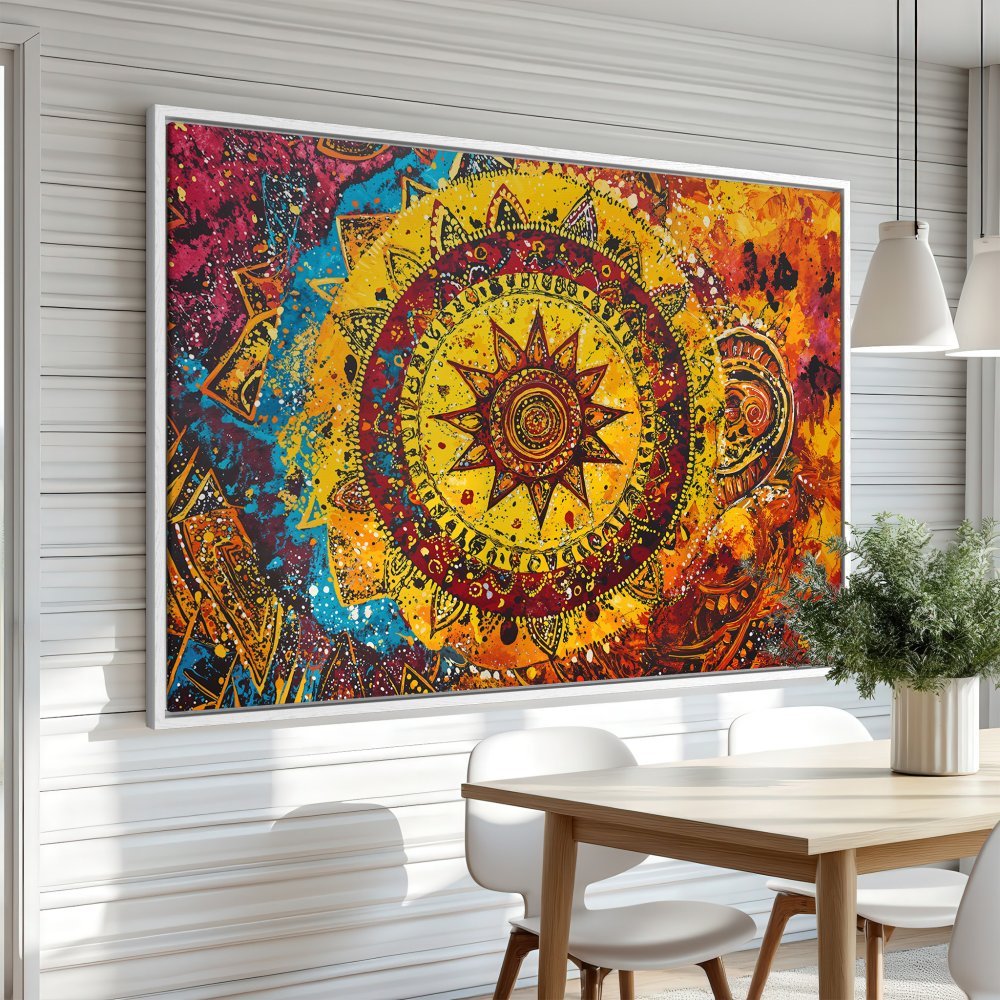 Framed Wall Art: Vibrant mandala canvas print in warm yellow, red, and orange hues. Bohemian style art for a colorful living room or dining area.