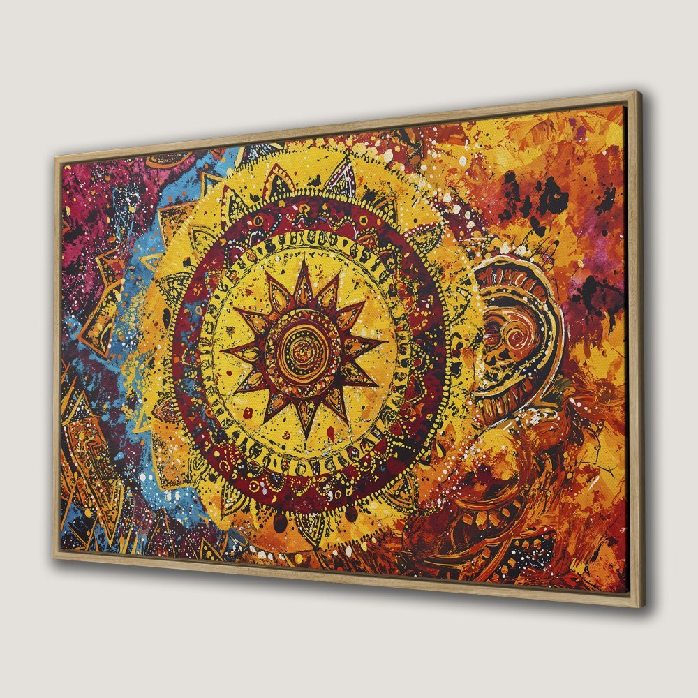 Framed Wall Art: Vibrant mandala canvas print in warm yellow, red, and orange tones. Bohemian style art for your home decor.