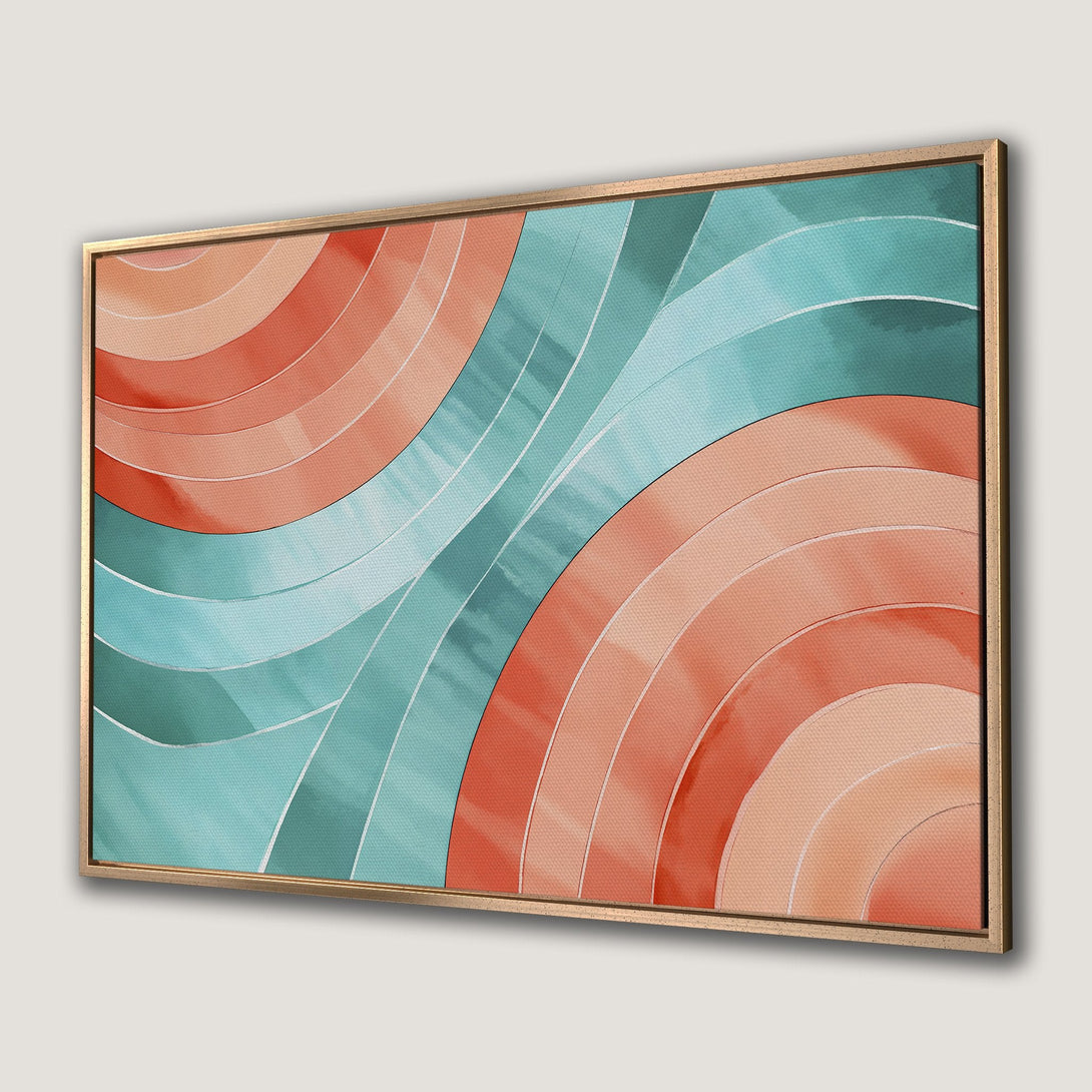 Framed Wall Art featuring abstract geometric design in teal and coral hues. Modern canvas print perfect for adding a pop of color to any space.