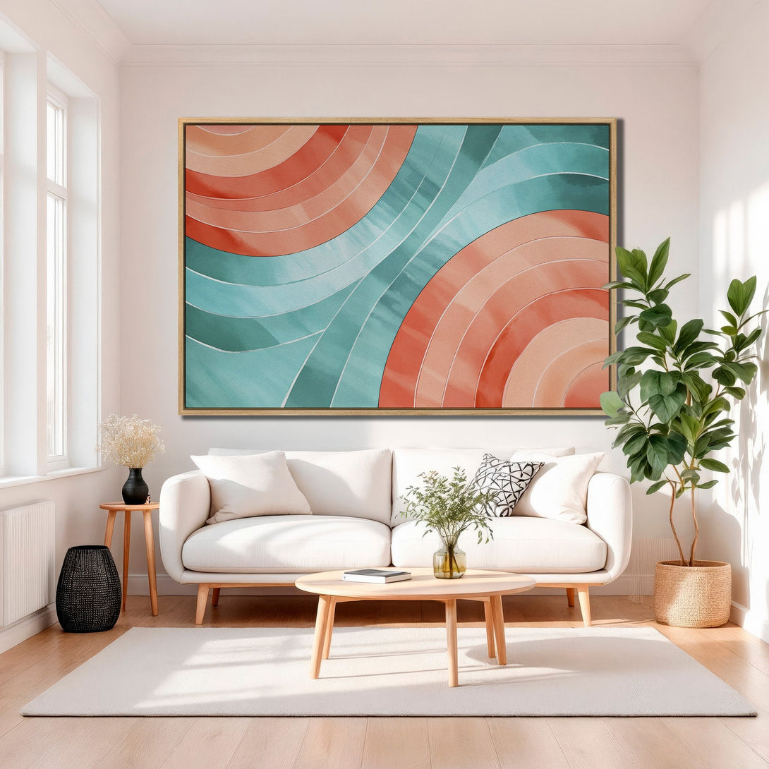Framed Wall Art featuring abstract watercolor design in coral and teal. Modern art for living room decor, adding a pop of color and style.