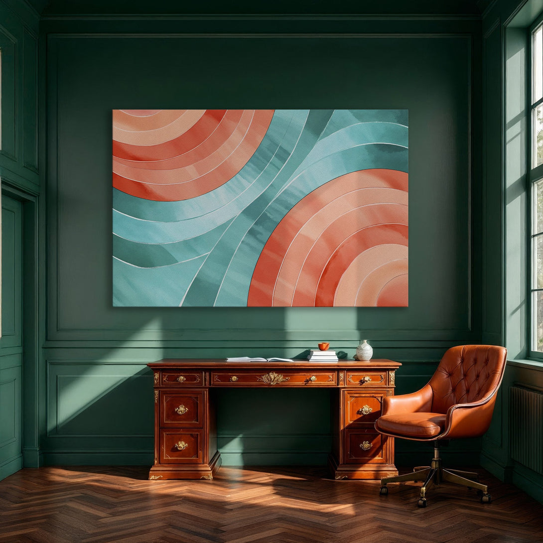 Framed Wall Art: Abstract wave design in coral and teal. Modern canvas print adds a pop of color to dining room decor.