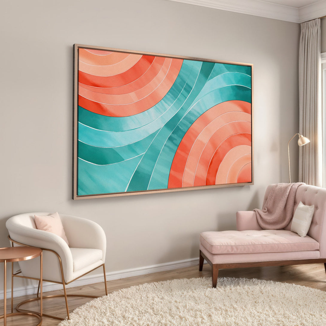 Framed Wall Art: Abstract wave design in coral and teal hues. Modern style Canvas Print adds a pop of color to any room.