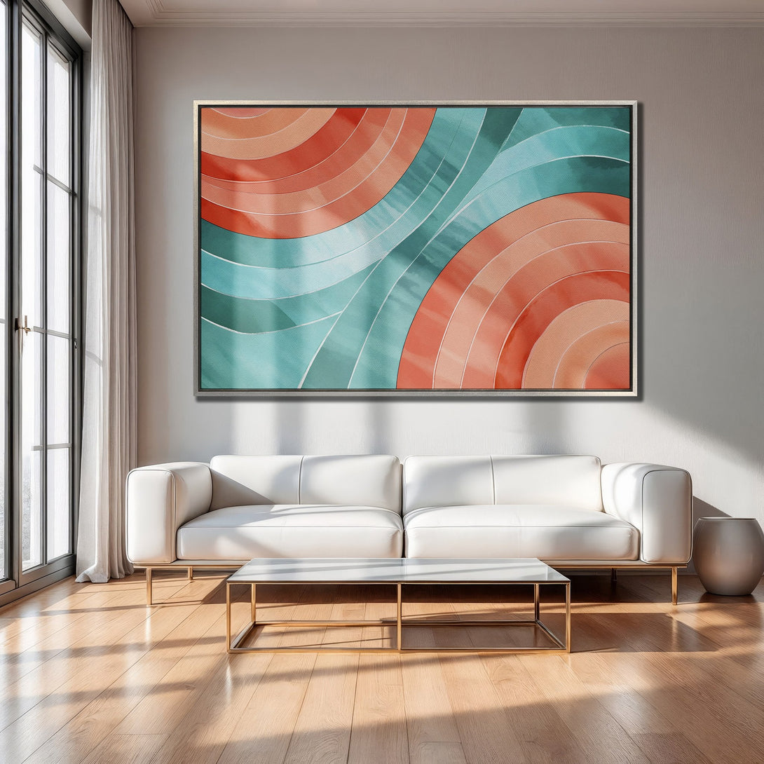 Framed Wall Art featuring an abstract design with coral and teal waves. Modern art style, perfect for living room decor.