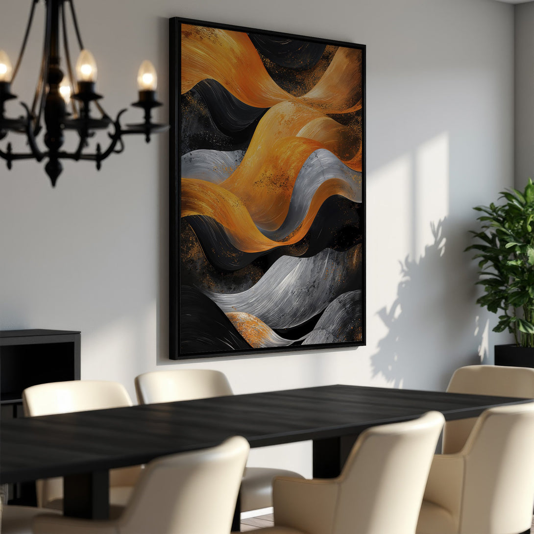 Framed Wall Art: Abstract waves in gold, black, and silver. Modern canvas print adds a touch of elegance to any dining room. Shop now for unique art!