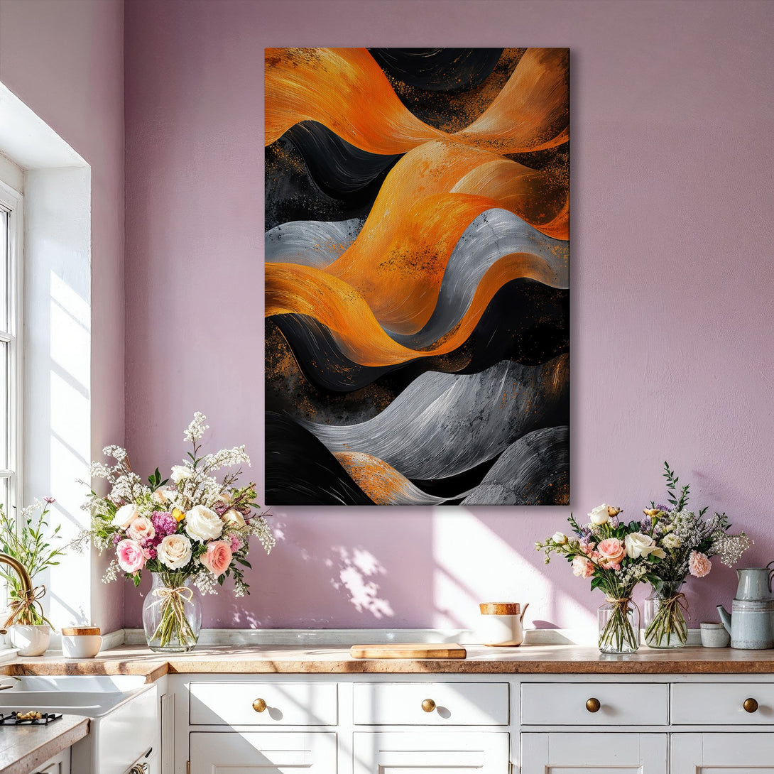 Framed Wall Art: Abstract wave design in gold, black, and gray. Modern canvas print adds a touch of elegance to any living room. Shop now!