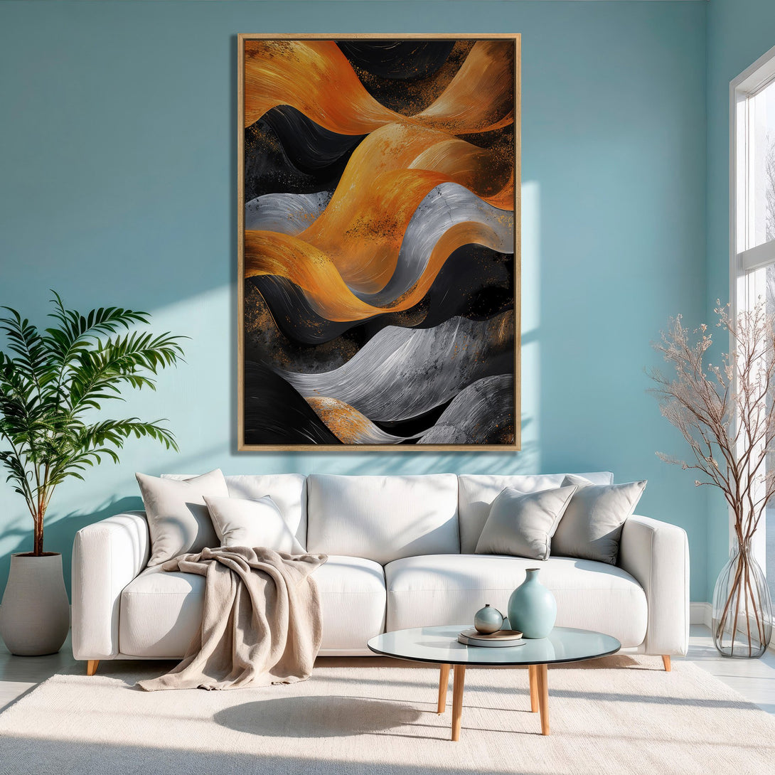 Framed Wall Art: Abstract wave design in gold, black, and gray. Modern art canvas print adds a touch of elegance to any living room.
