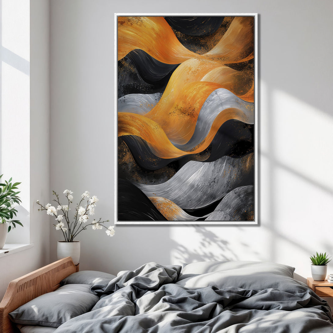 Framed Wall Art featuring abstract flowing design in gold, black, and gray. Modern art canvas print perfect for bedroom decor.