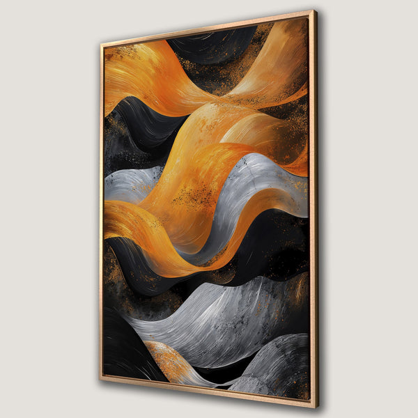 Framed Wall Art: Abstract canvas print with flowing waves in gold, black, and silver. Modern art for home decor, adds a touch of elegance to any space.