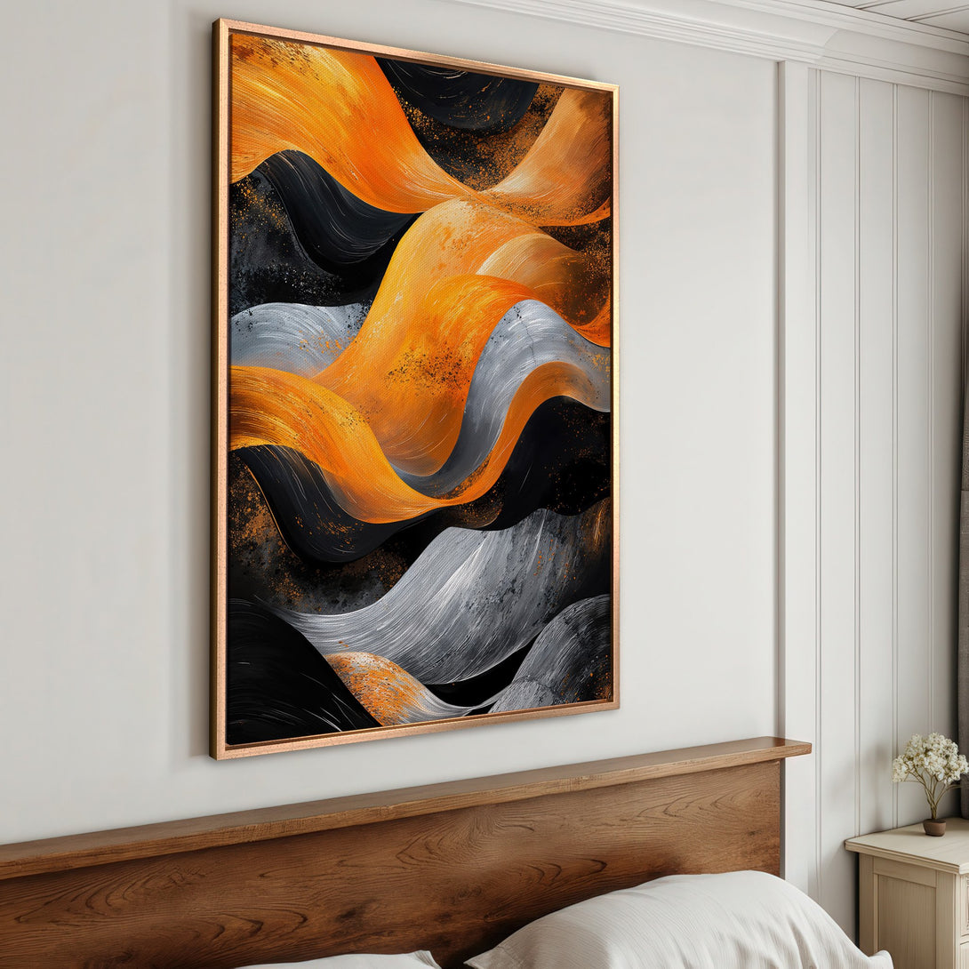 Framed Wall Art: Abstract canvas print with flowing orange, black, and gray brushstrokes. Modern art for your home decor.