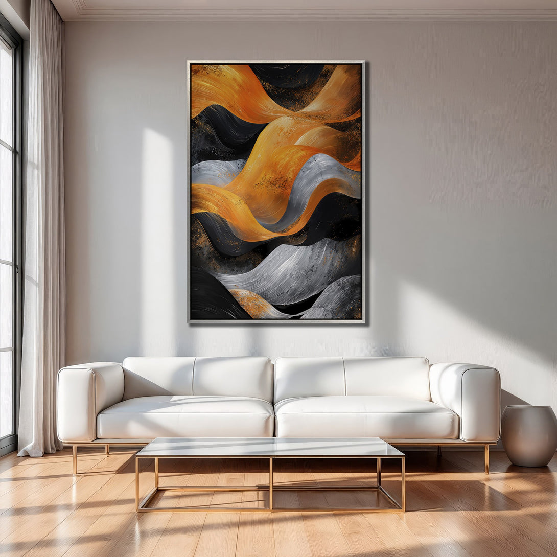 Framed Wall Art: Abstract wave art in gold, black, and gray. Modern canvas print adds a touch of elegance to any living room.