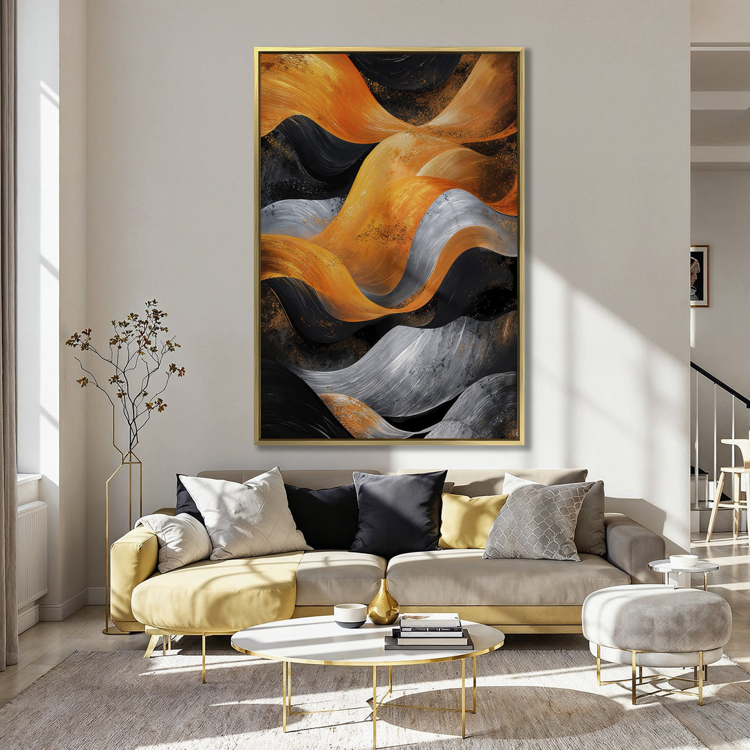 Abstract Canvas Print with orange, black, and gray brushstrokes. Modern wall art for a stylish home.