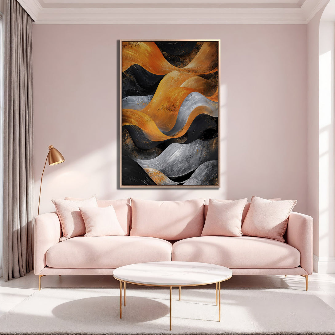 Framed Wall Art featuring an abstract gold, black, and gray design. Modern canvas print adds a touch of elegance to any interior. Shop now!