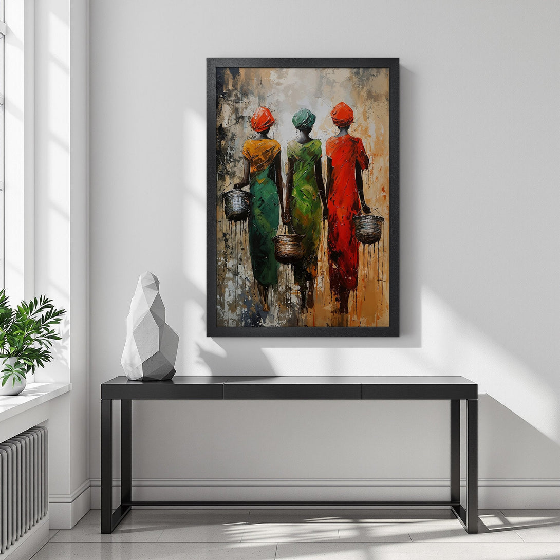 Framed Poster featuring African women with baskets, abstract style, warm earth tones & vibrant colors. Elevate your space with art!
