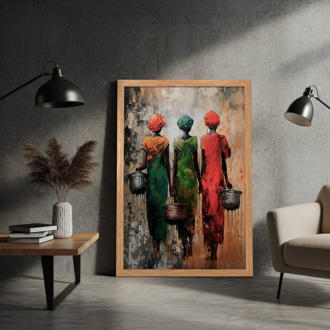 Framed Poster featuring African women, impressionist style, warm color palette of red, orange, and green. Perfect wall art!