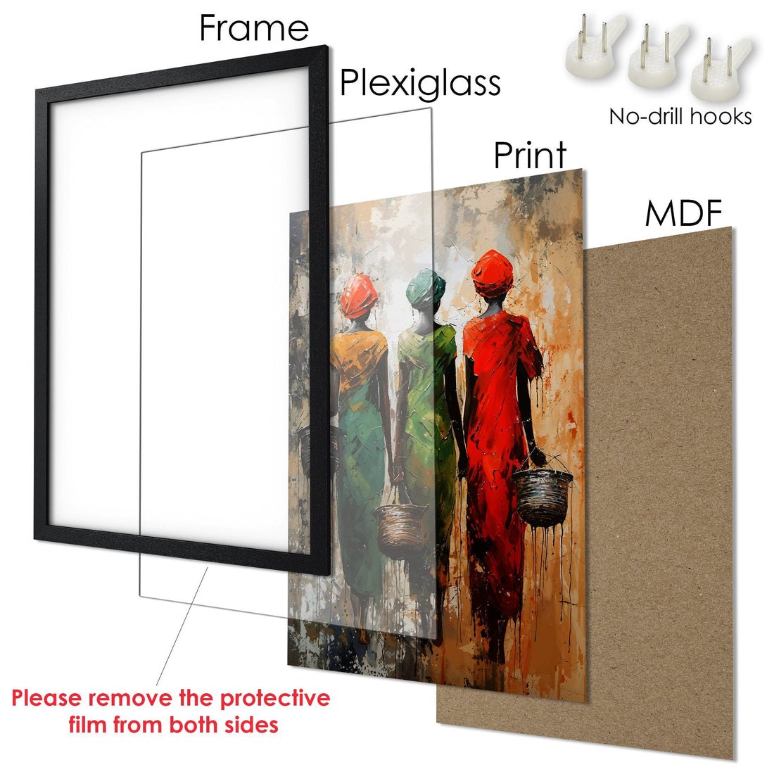 Framed Poster featuring abstract African women art in a warm, earthy color palette. Perfect wall decor!
