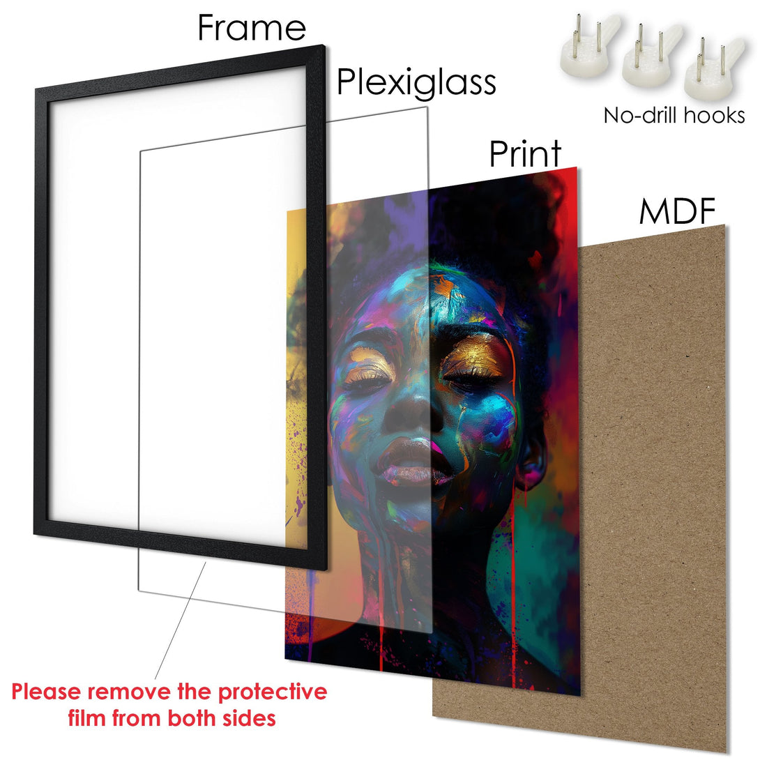 Framed Poster: Vibrant portrait art with a colorful palette. Add a touch of modern style to your space!