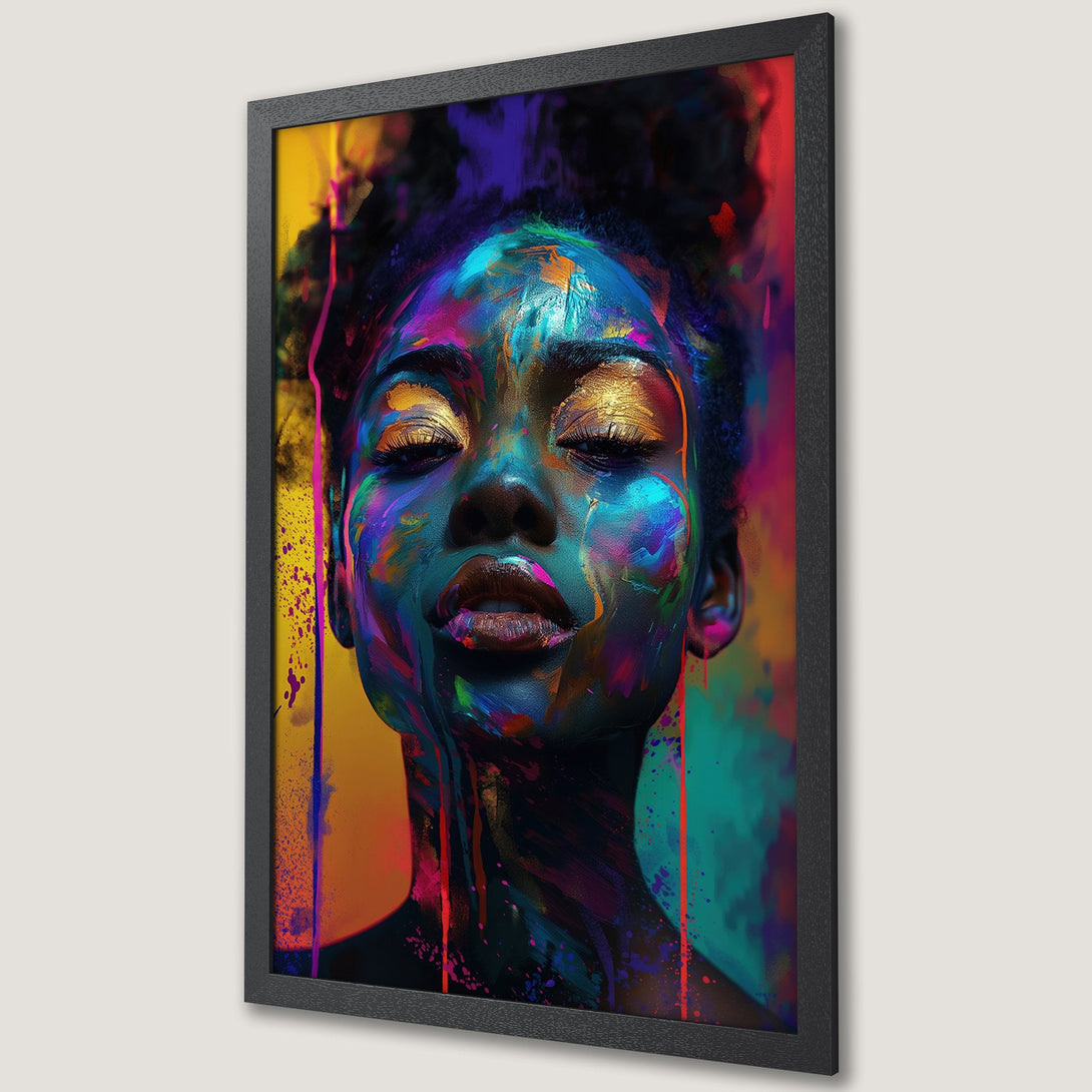 Framed Poster of a woman's face in vibrant abstract art style. Bold colors of blue, gold, and purple. Perfect wall art!