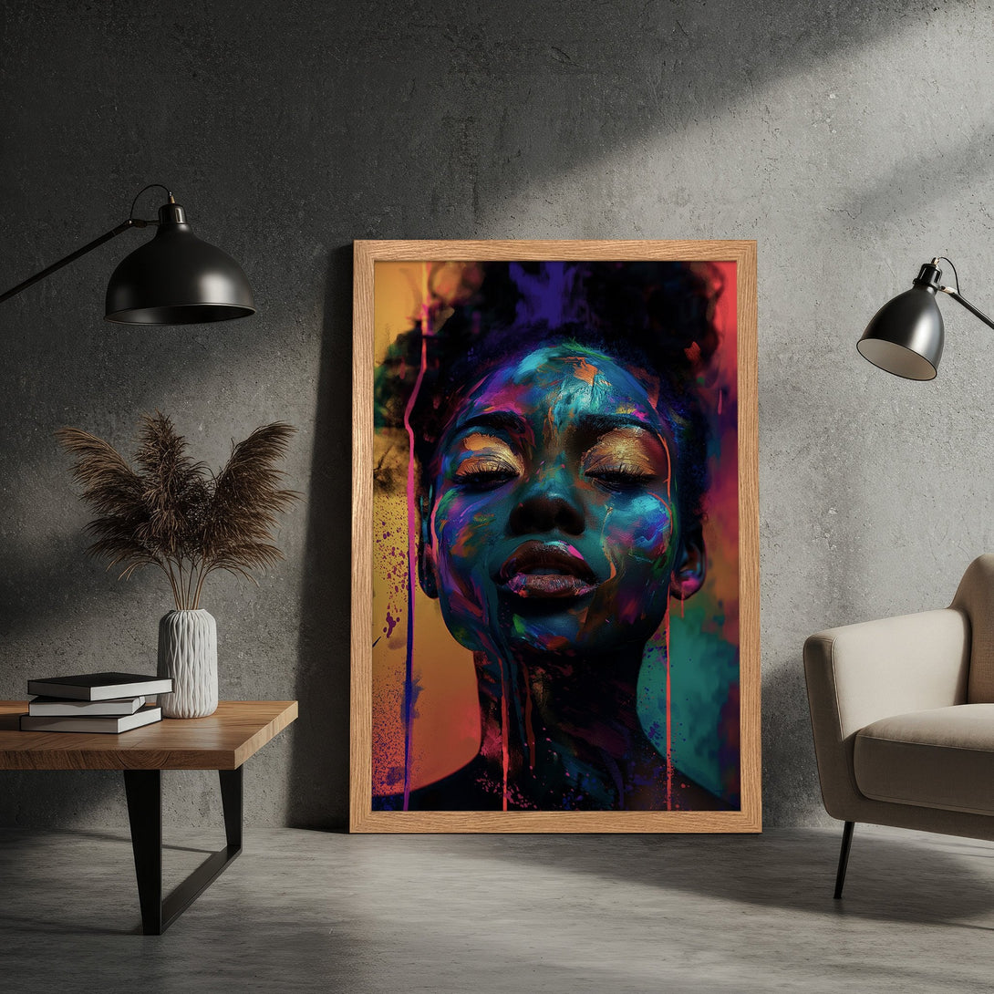 Framed Poster featuring a vibrant portrait of a woman. Abstract art style with a colorful palette of blues, pinks, and gold. Perfect wall decor!