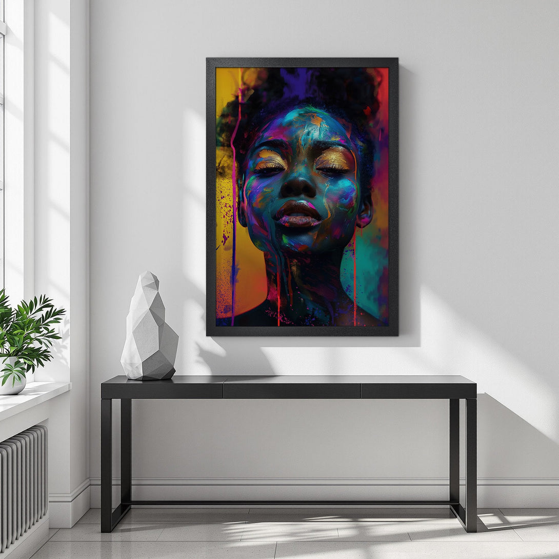 Framed Poster of a woman with colorful paint, vibrant art style, featuring a bold color palette. Add artistic flair to your space!