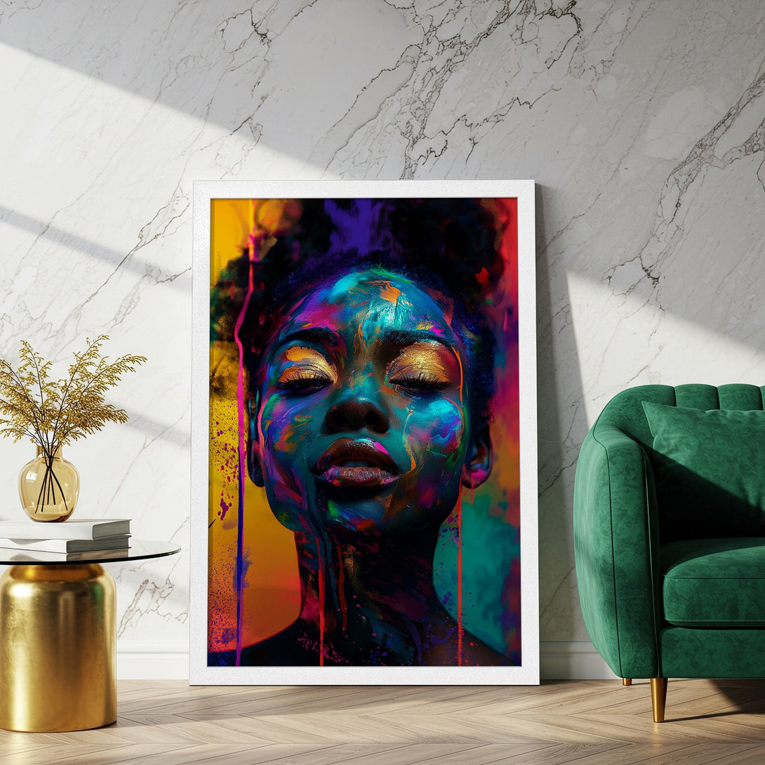 Framed Poster of a woman's face, vibrant abstract art style with a colorful palette of blues, greens, and yellows. Perfect wall decor!