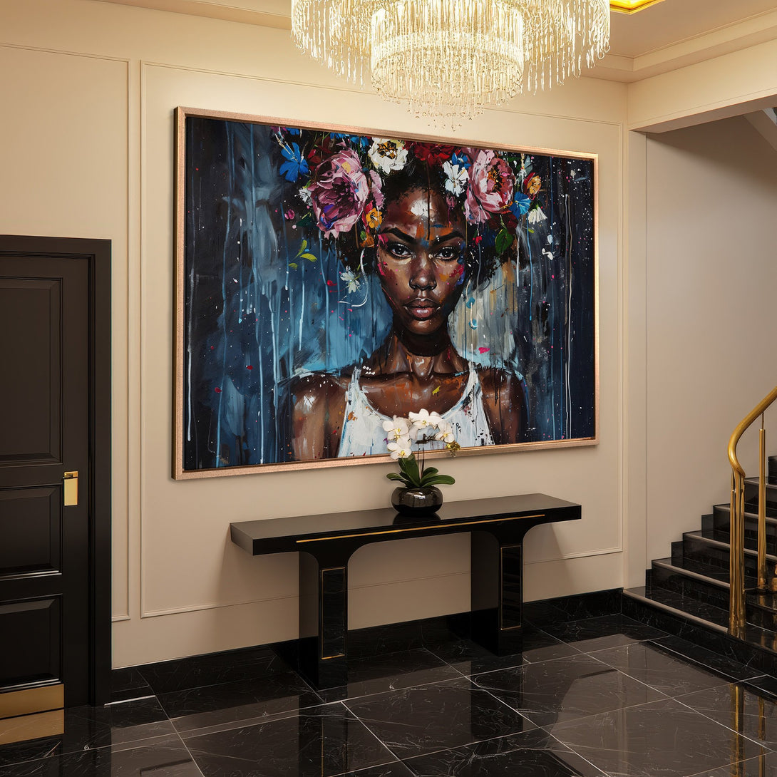 Framed Wall Art: Stunning portrait Canvas Print with floral crown, vibrant blues & pinks. Elevate your space with this elegant artwork.