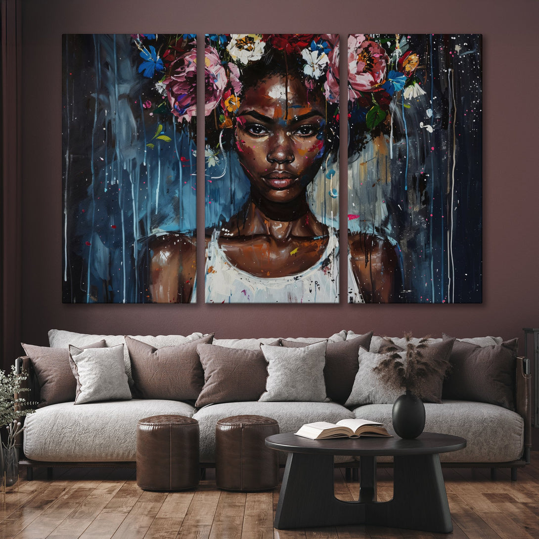 Canvas Print of a woman with floral crown, abstract style, rich blues, pinks, and browns. Perfect for modern home decor.