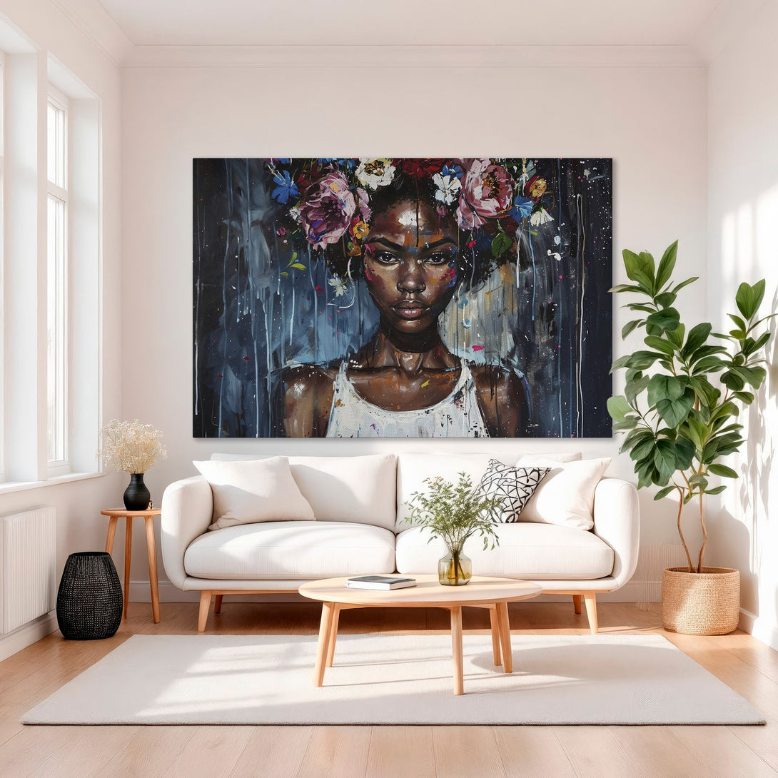 Framed Wall Art: Stunning portrait of a woman with floral crown, vibrant colors. Modern abstract style, perfect for living room decor. Shop now!