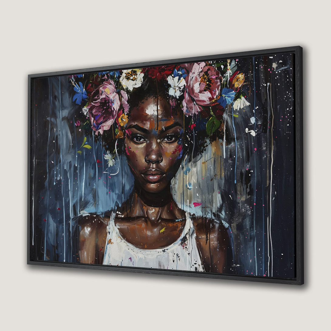 Framed Wall Art: Stunning portrait of a woman with floral crown, in a dark, moody style. Features a rich color palette of blues, pinks, and browns.