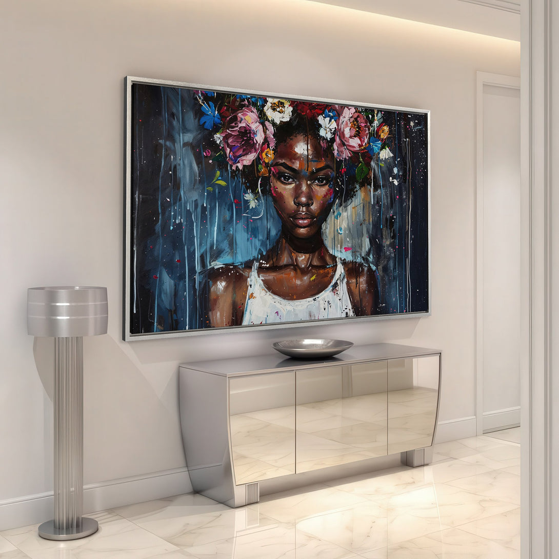 Framed Wall Art: Abstract portrait of a woman with floral crown. Blue, pink, and white color palette. Perfect for modern home decor.