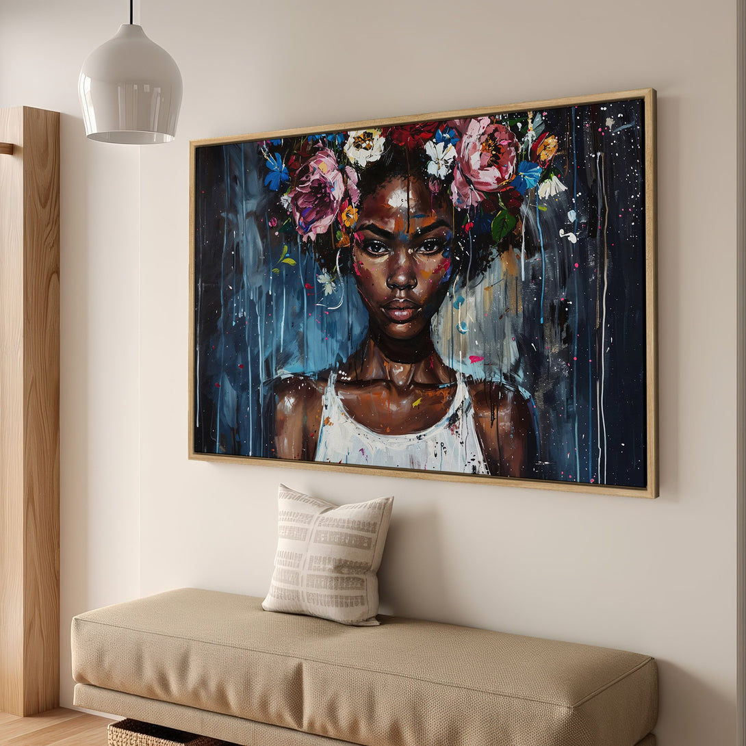 Framed Wall Art: Stunning portrait of a woman with a floral crown. Abstract style with a dark blue and pink color palette. Perfect for modern home decor.
