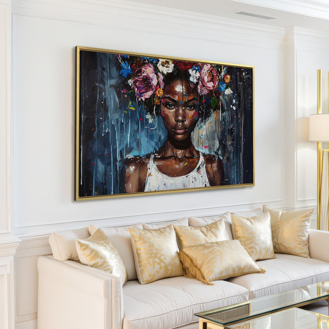 Canvas Print of a woman with floral crown, modern art style, featuring a cool, dark color palette. Perfect for living room decor.