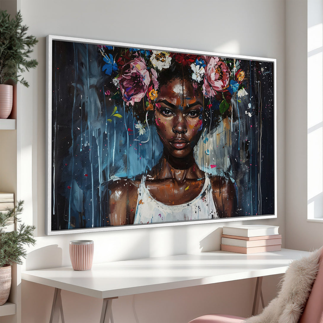 Framed Wall Art: Stunning portrait of a woman with floral crown, abstract style, vibrant colors. Elevate your space with this beautiful Canvas Print.