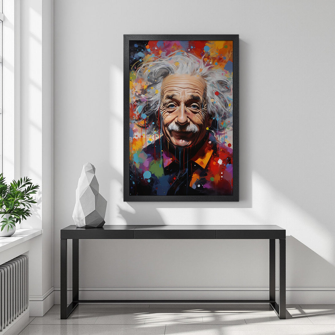 Framed Poster of Albert Einstein, colorful abstract art. Vibrant palette of reds, blues, and yellows. Perfect wall decor!