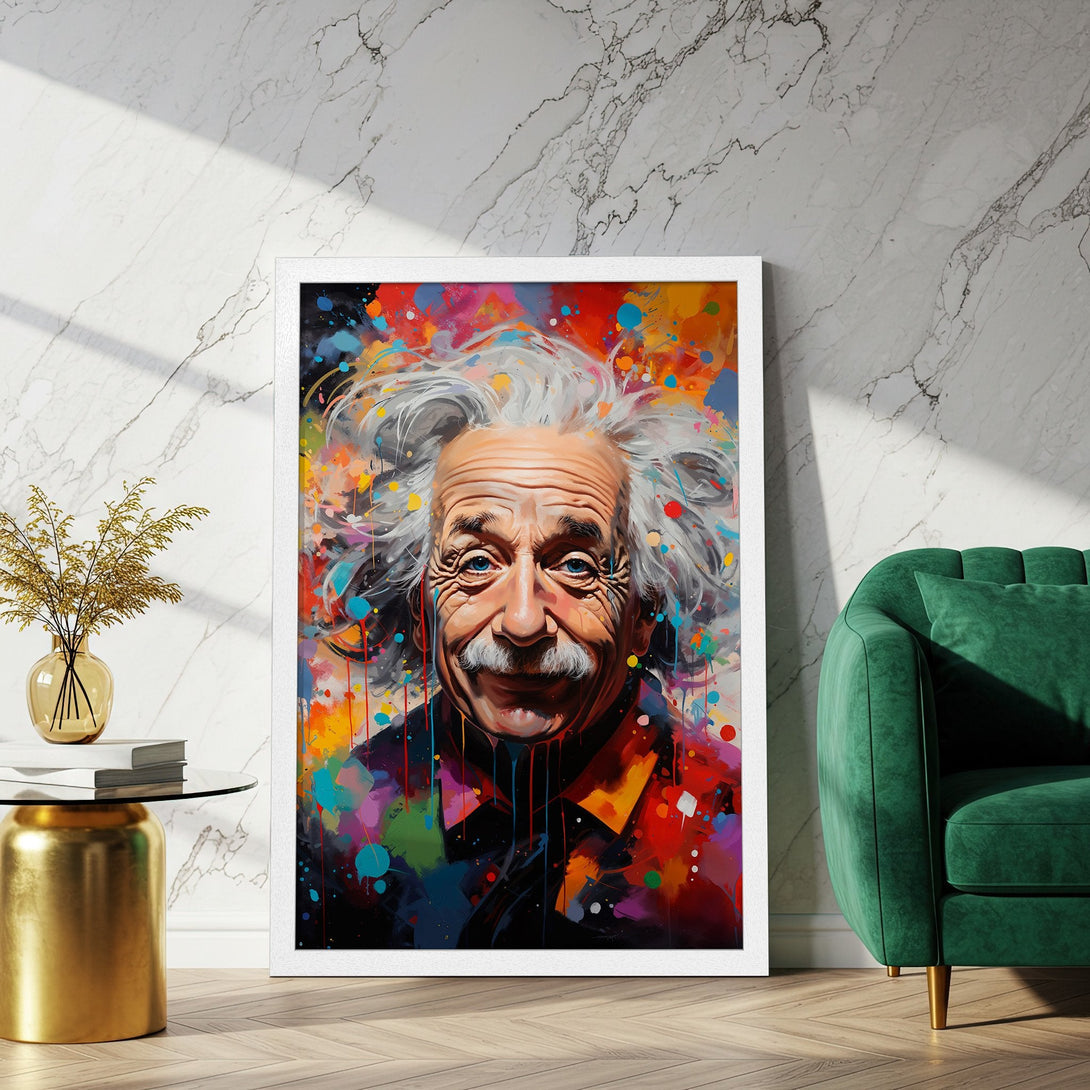 Framed Poster of Albert Einstein, vibrant abstract art with a colorful palette. Perfect wall art for any space.