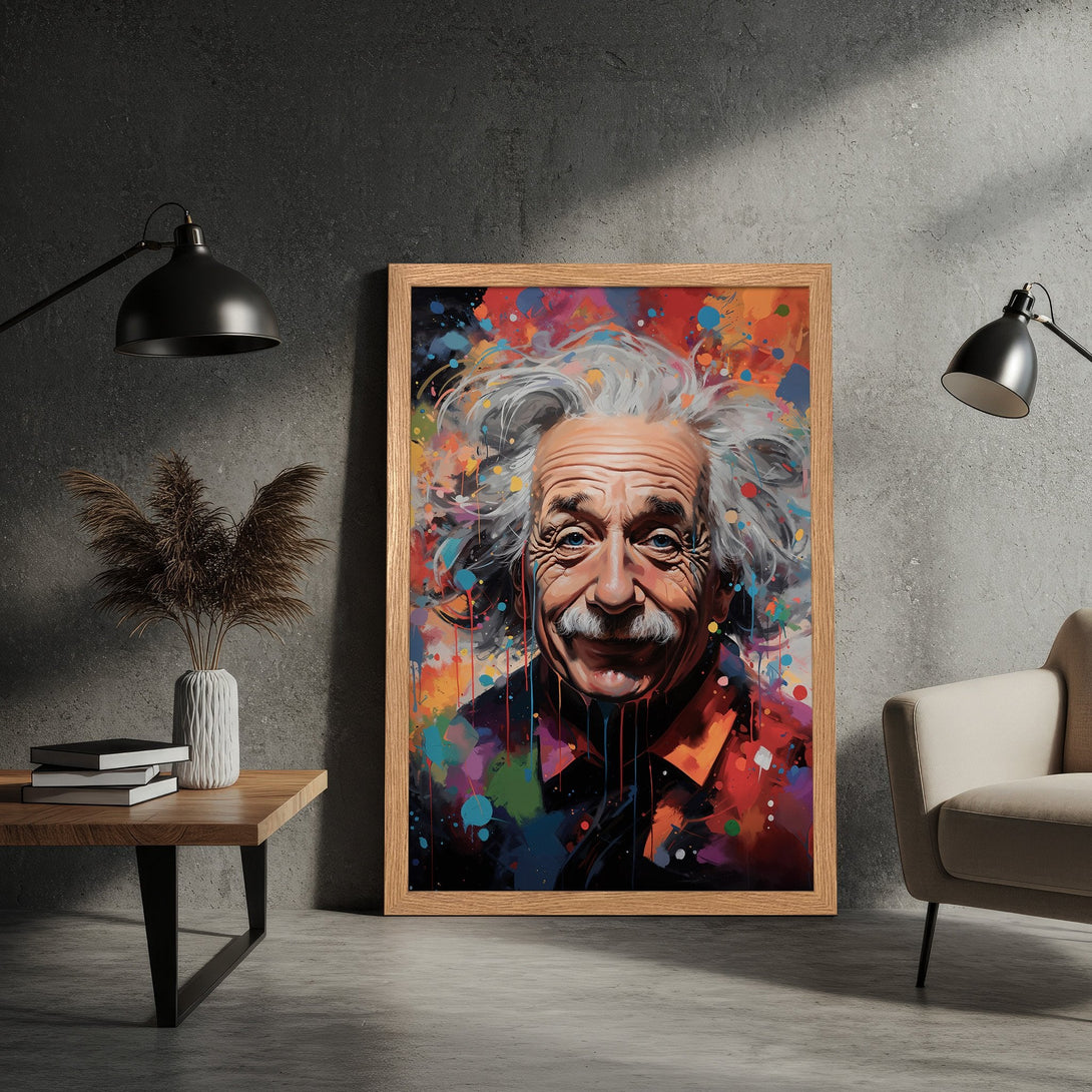 Framed Poster of Albert Einstein in vibrant, colorful pop art style. Perfect wall art decor with a warm, modern palette.