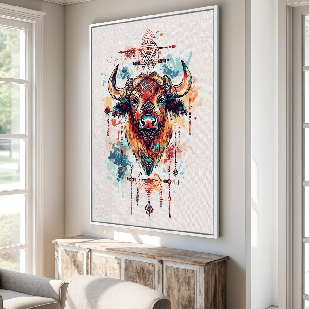 Framed Wall Art: Colorful watercolor bison print, boho style, vibrant reds, blues, and oranges. Perfect for adding character to your home.