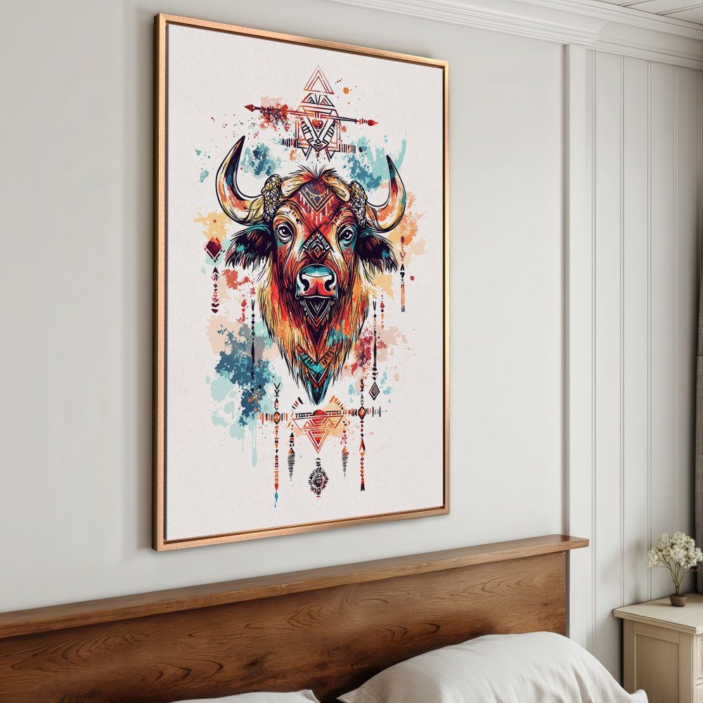 Framed Wall Art: Colorful watercolor buffalo print in boho style. Adds vibrant decor to any room. Earthy tones with pops of blue & orange.