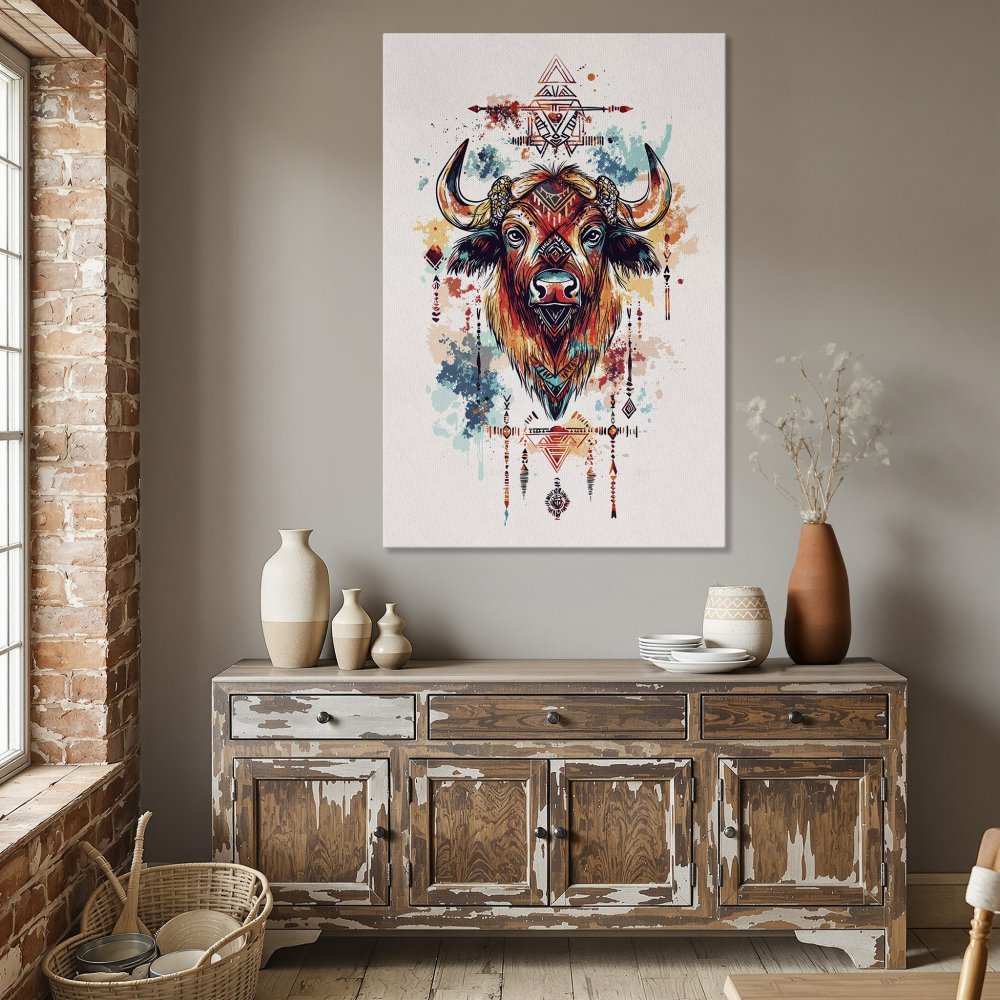 Framed Wall Art: Colorful buffalo illustration in watercolor style. Adds a pop of vibrant color to any room. Shop now!