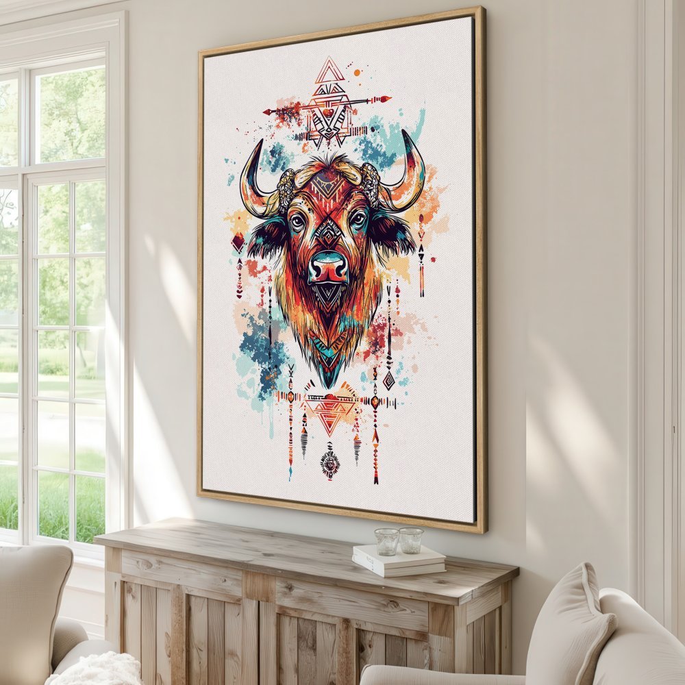 Framed Wall Art: Colorful buffalo portrait in boho style. Vibrant blues, oranges, and reds. Perfect Canvas Print for your home decor!