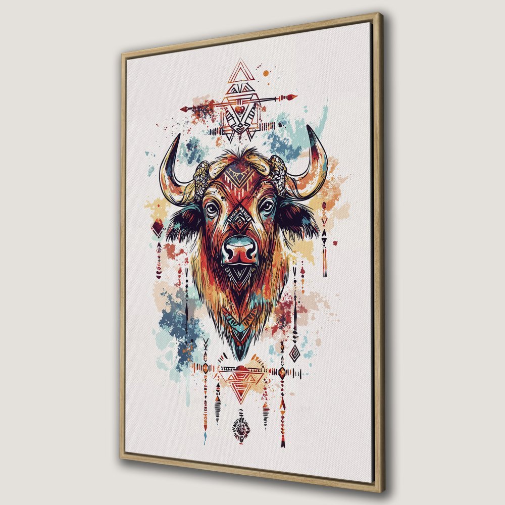 Framed Wall Art: Colorful buffalo head print in boho style. Warm earth tones and vibrant accents. Perfect for adding character to your space.