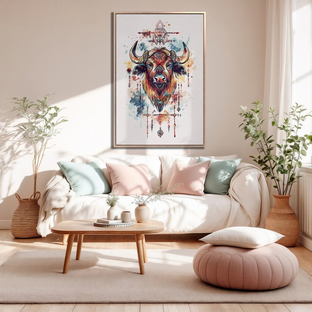 Framed Wall Art: Watercolor buffalo print in warm, earthy tones. Boho style art for living room decor. Shop now!