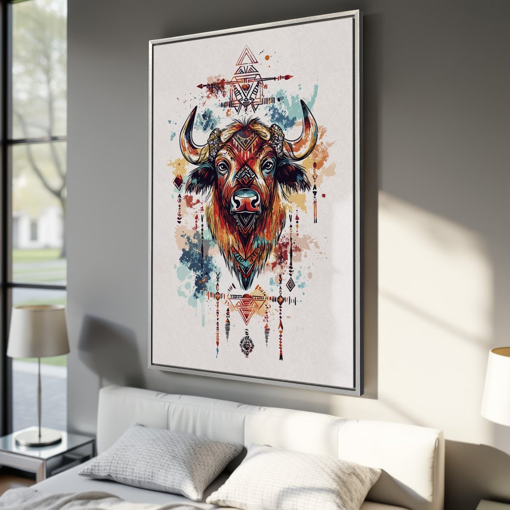 Framed Wall Art: Colorful bison illustration Canvas Print. Boho style with warm earth tones and vibrant watercolor accents. Perfect for any room!