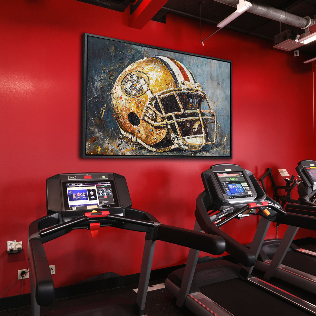 Framed Wall Art: Abstract football helmet art in gold & blue tones. Modern decor for any space. Adds a pop of color & style.