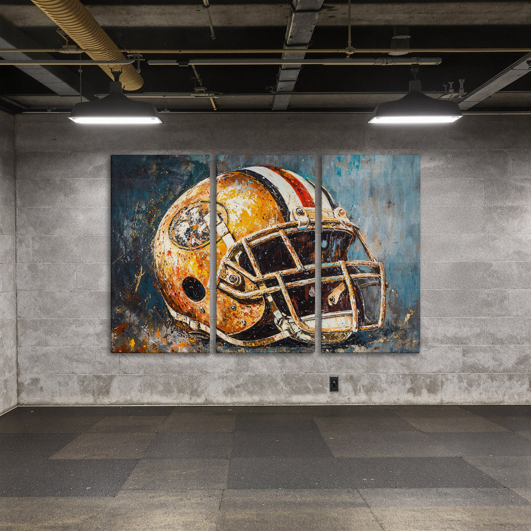 Abstract Canvas Print of a football helmet in a grunge style with a warm orange and blue color palette. Perfect wall art for sports fans!