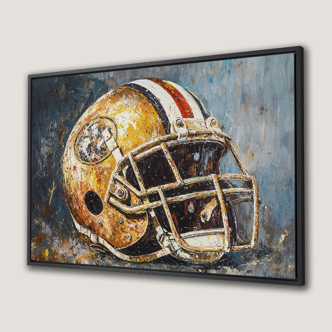 Framed Wall Art of a football helmet in an abstract style with a gold, brown, and blue color palette. Perfect for a sports-themed room!