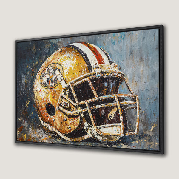 Framed Wall Art of a football helmet in an abstract style with a gold, brown, and blue color palette. Perfect for a sports-themed room!