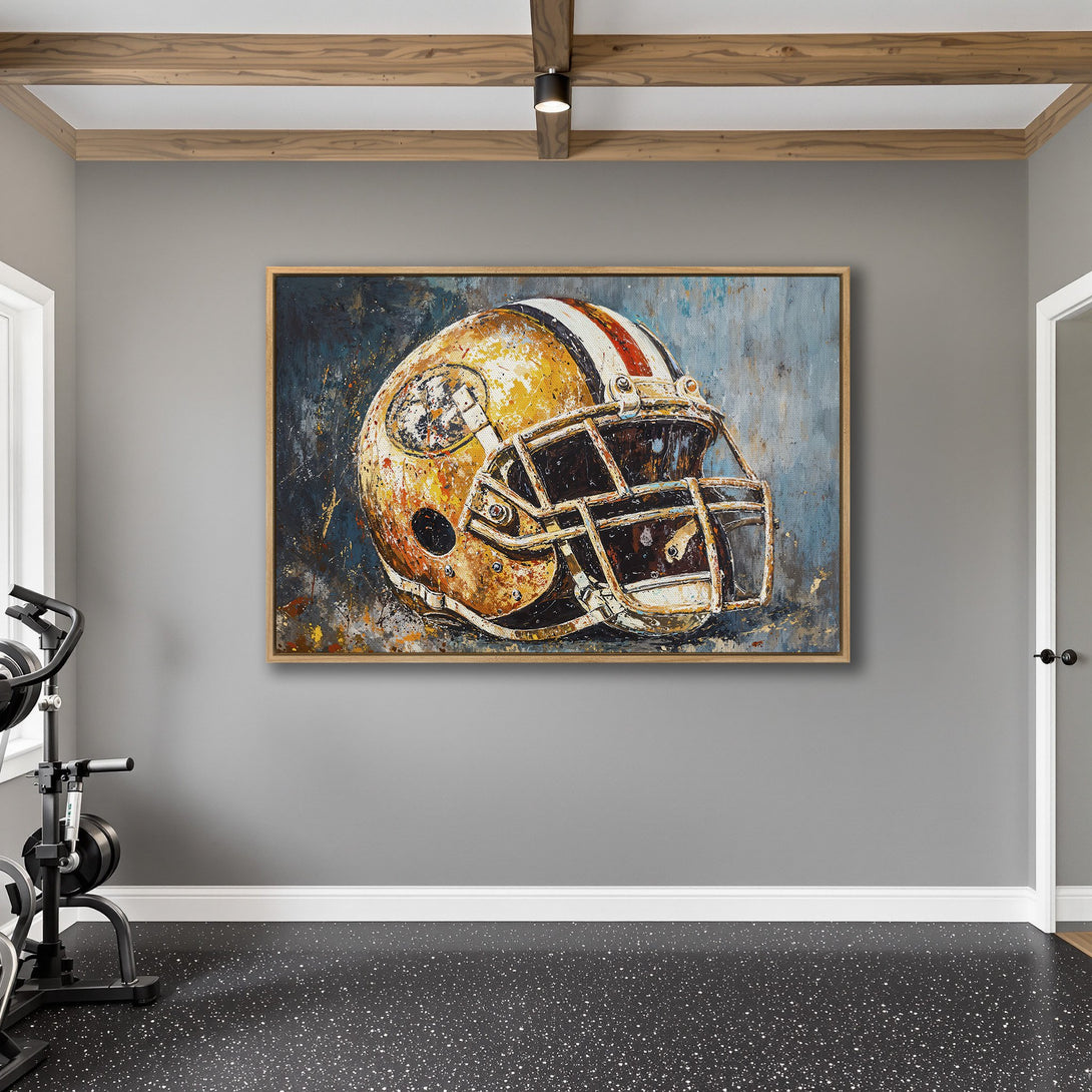 Framed Wall Art: Abstract football helmet art with a warm, rustic color palette. Perfect for sports fans! Enhance your space with this unique decor.