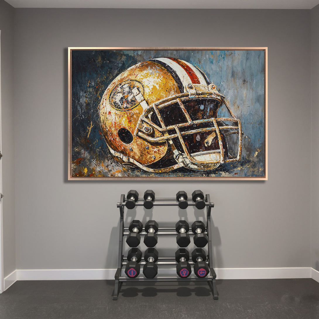 Framed Wall Art: Football helmet canvas print with a distressed, textured style. Features a gold, blue, and brown color palette, perfect for sports fans.