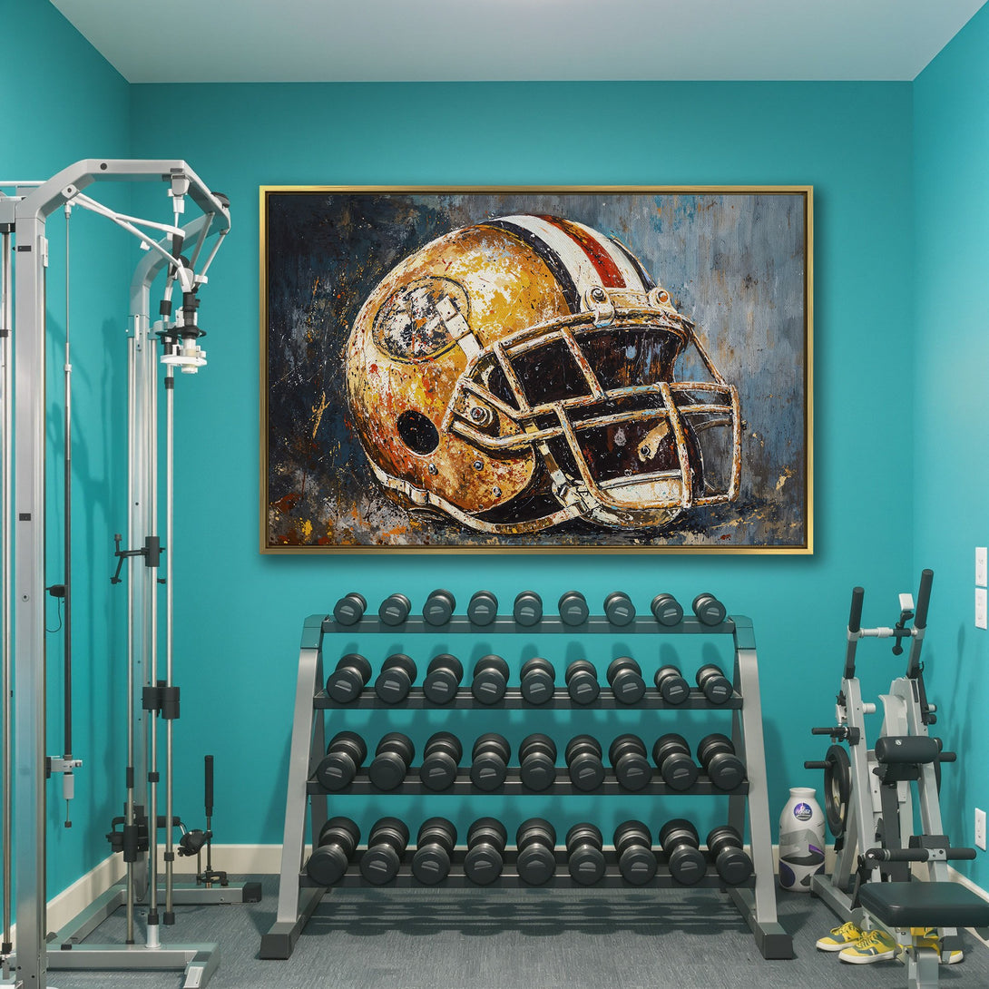 Canvas Print of a football helmet. Abstract style with a warm, golden and blue color palette. Perfect wall art for sports fans.